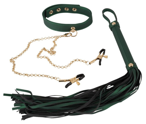 Bad Kitty - clip collar set with whip (green-gold)