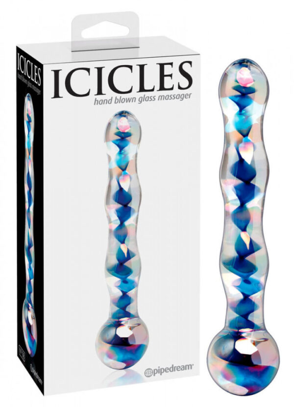 Icicles No. 08 - oboustranné skleněné dildo s vlnitým povrchem (průhledné-modré)