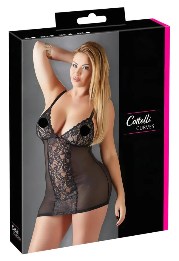 Cottelli Plus Size - krajková průhledná noční košilka (černá)