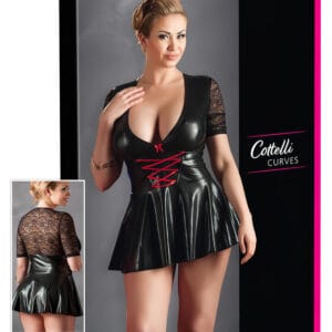 Cottelli Plus Size - lesklé šaty s červeným korzetem (černé)