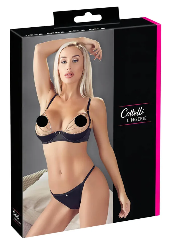 Cottelli - saténová sada push-up s řetízkem a kamínky (černá) - 80B/M