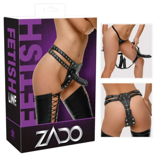 ZADO - kožené kalhotky + 2 vnitřní dilda (černé) - L/XL