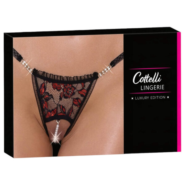 Cottelli - luxusní tanga s růžovými perlami (černá) - M/L