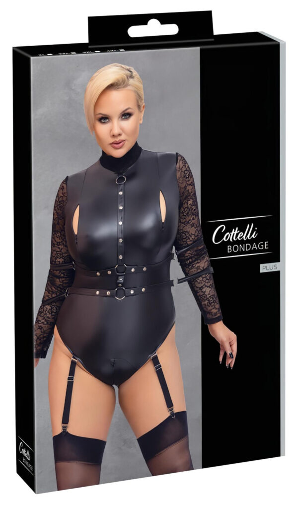 Cottelli Bondage Plus Size - krajkový body s rukávy (černý) - 3XL