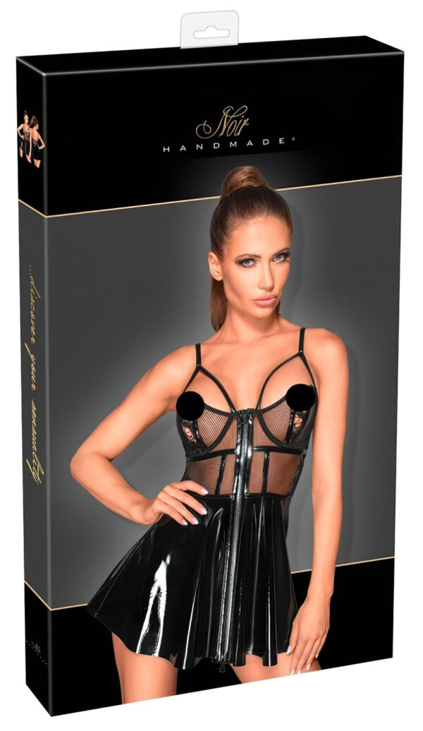 Noir - Šaty z lakované kůže s krajkovými vsadkami (černé) - XL