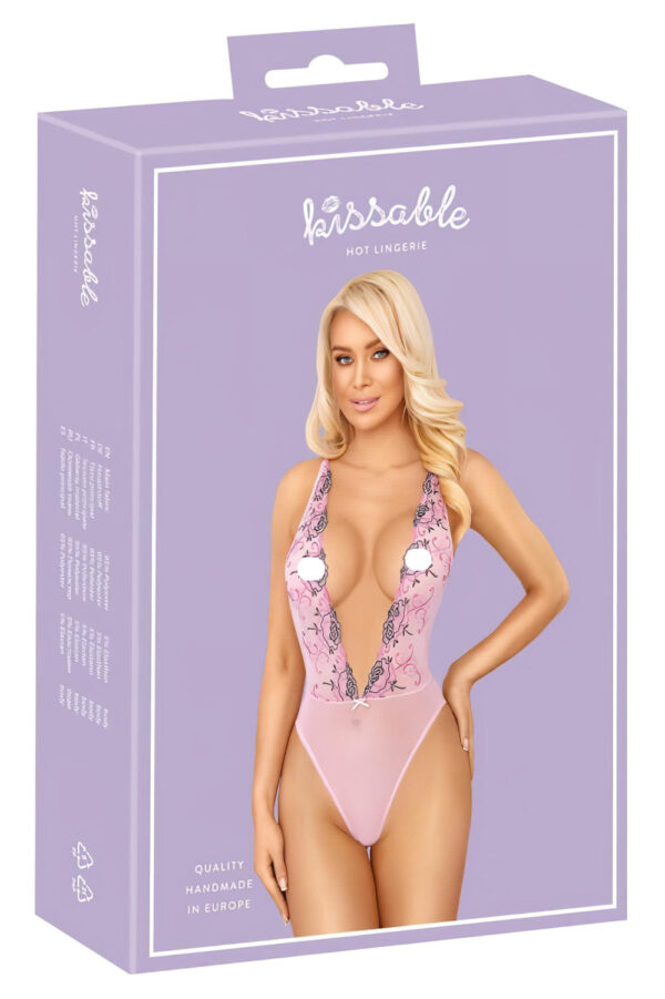 Kissable - body s růžovou květinovou výšivkou (růžové) - L/XL