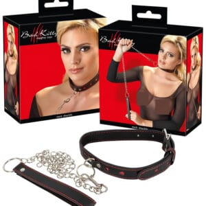 Bad Kitty - obojek se srdíčky a kovovým vodítkem (černý)