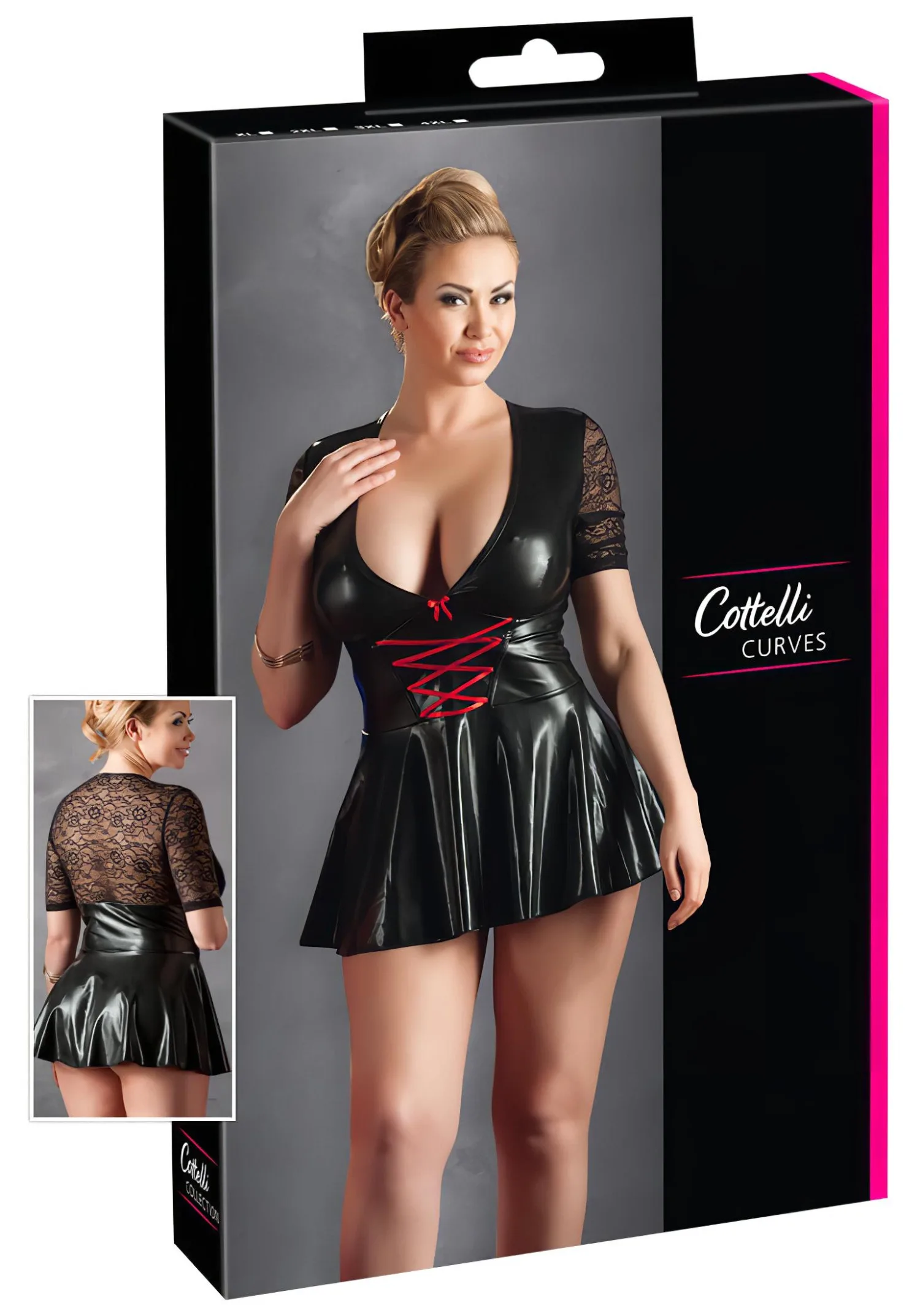 Cottelli Plus Size - lesklé šaty s červeným korzetem (černé) - XXXL