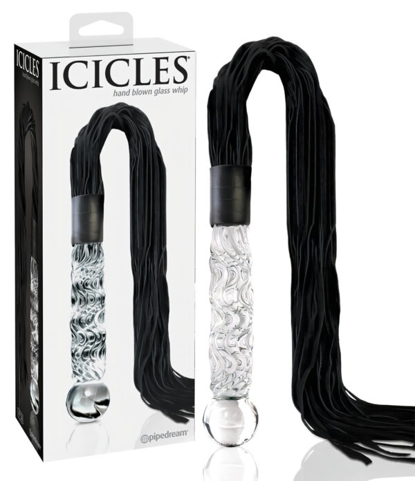 Icicles No. 38 - kožený bič a skleněné dildo (průhledné-černé)