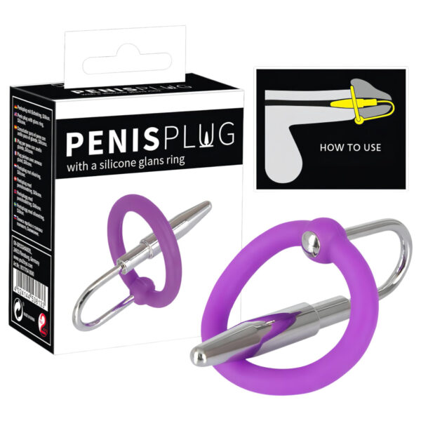Penisplug - silikonový kroužek s kuželovým dilatátorem (fialovo-stříbrný)
