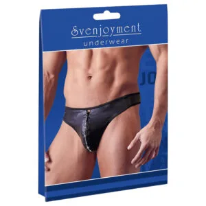 Svenjoyment - lesklá pánská tanga s ozdobným zipem (černá) - XL