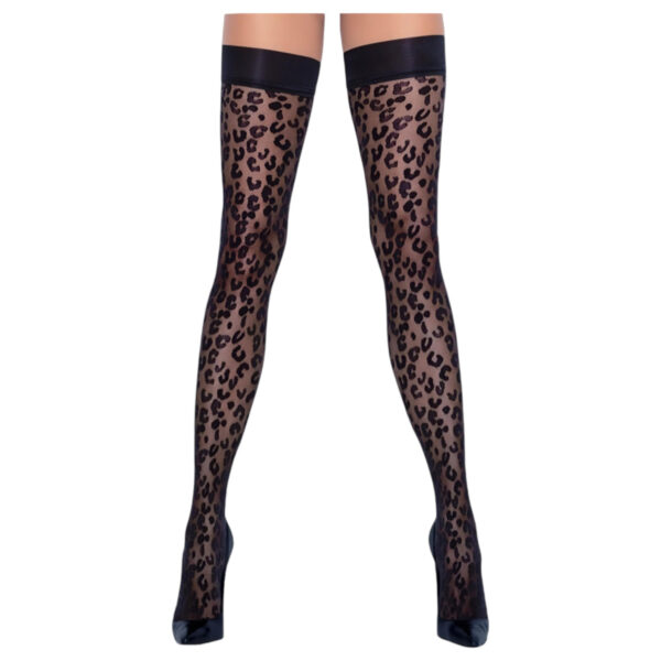 Cottelli Legwear - černé stehenní punčochy s leopardím vzorem - 4