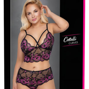 Cottelli Plus Size - květinový podprsenkový set (černá-fialová) - 3XL/4XL