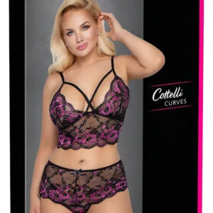 Cottelli Plus Size - květinový podprsenkový set (černá-fialová) - 3XL/4XL