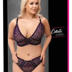 Cottelli Plus Size - průsvitný vzorovaný set podprsenky (fialový) - 2XL