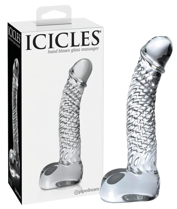 Icicles No. 61 - skleněné dildo s varlaty a penisem (průhledné)