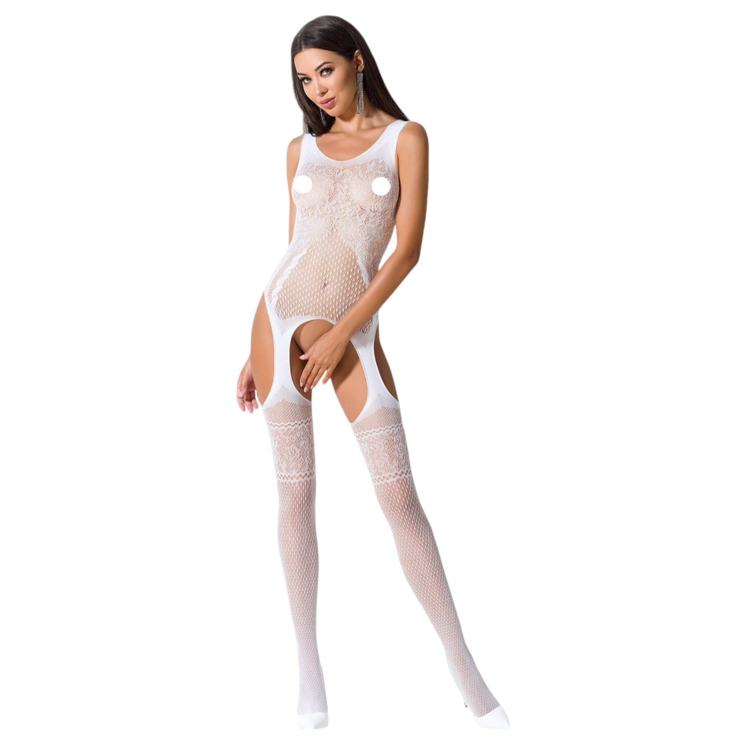 Passion BS061 - květinový síťovaný set (bílý) - S-L