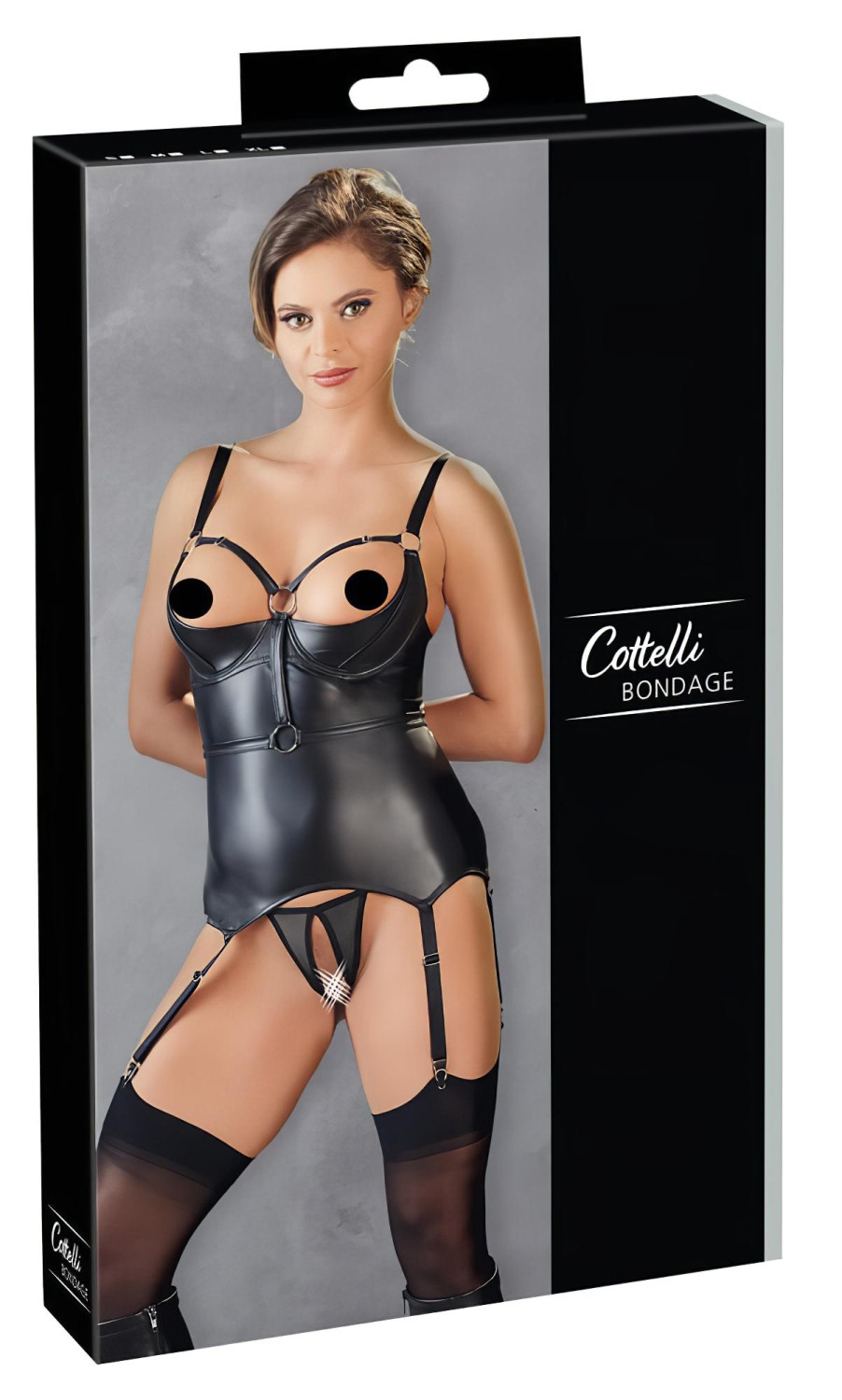 Cottelli Bondage - lesklý top s podpůrnou podprsenkou a pouty (černý) - M