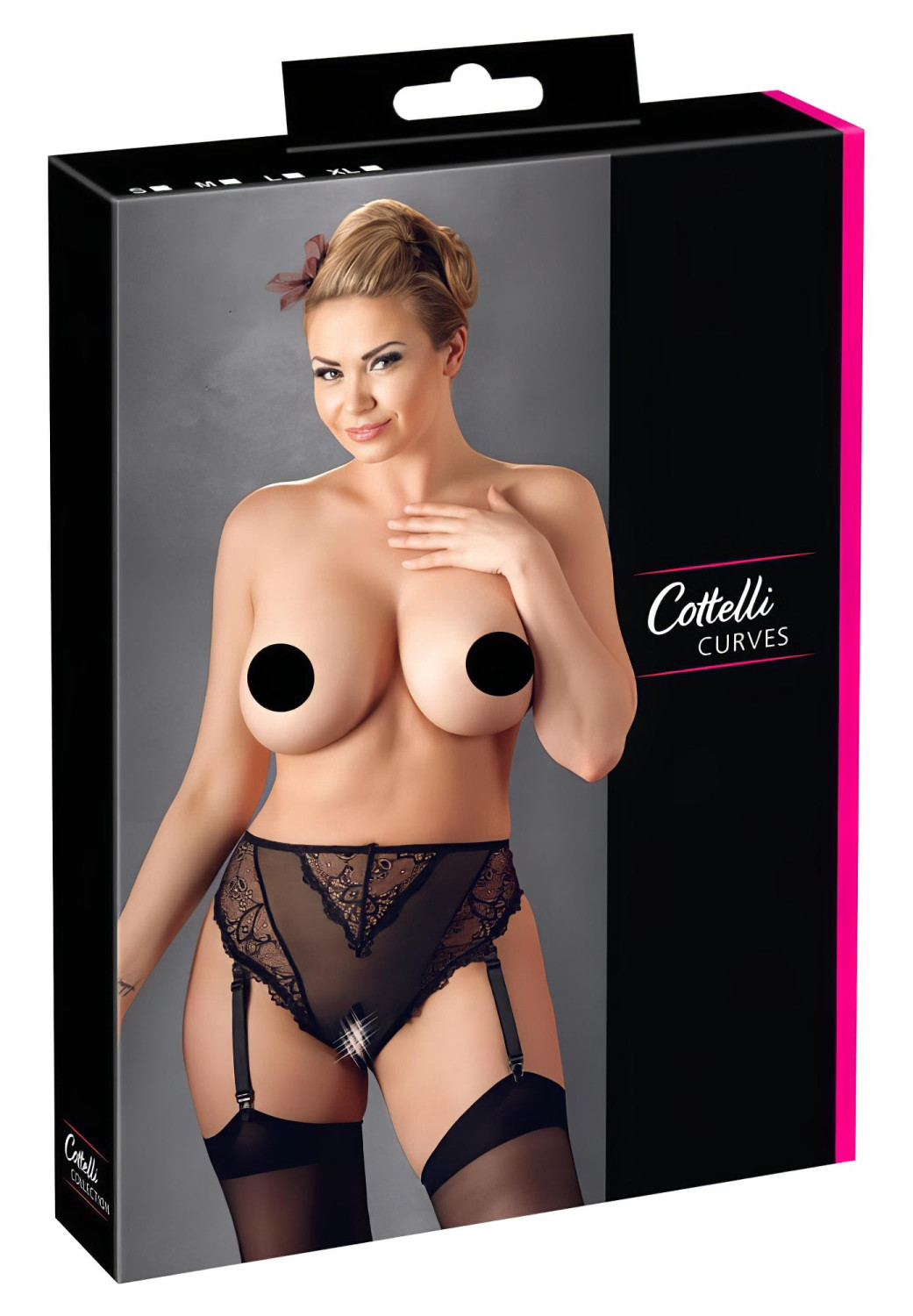 Cottelli Plus Size - krajková kalhotky s podvazky (černá)