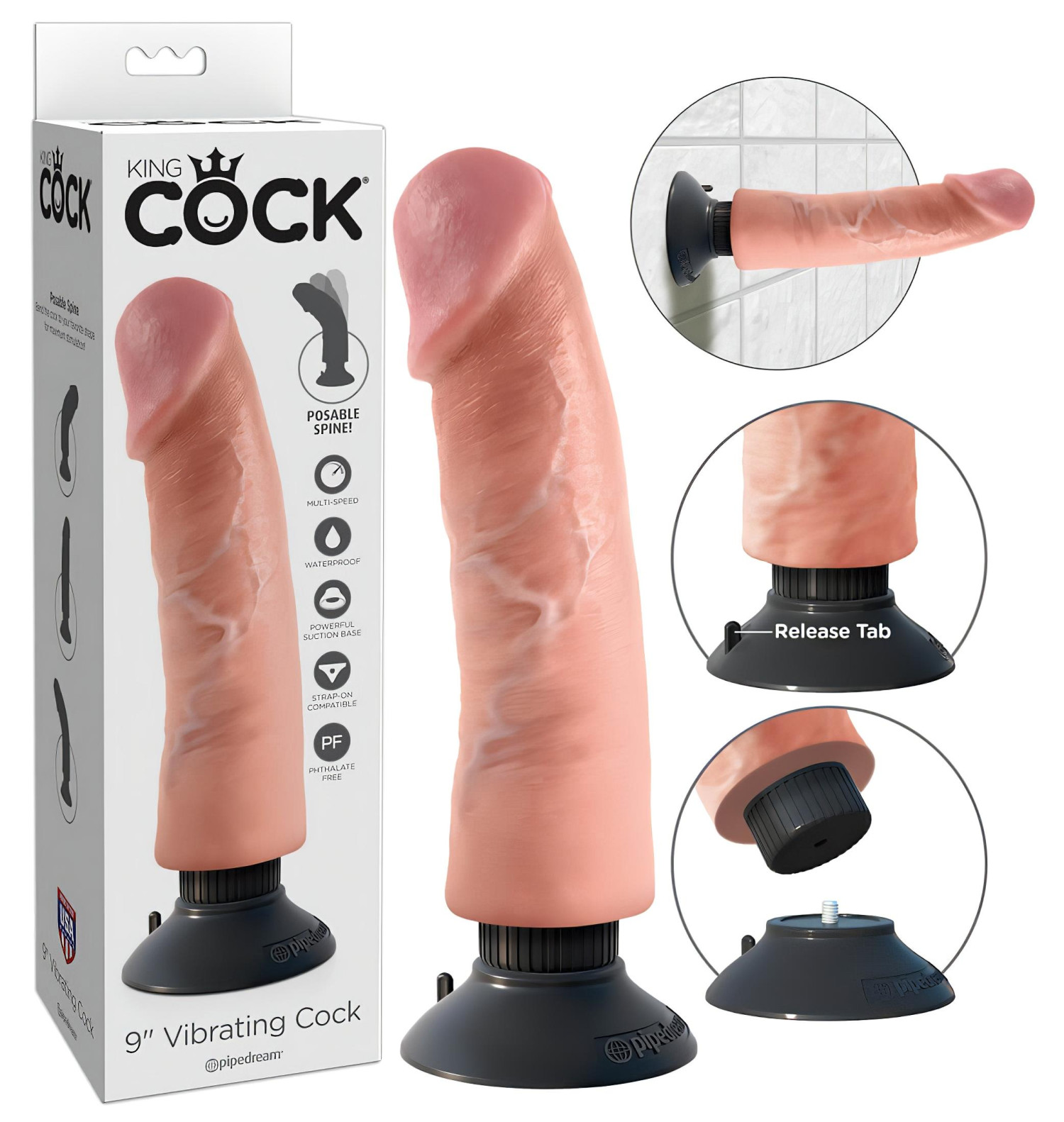 King Cock 9 přísavný vibrátor (23 cm) - přírodní