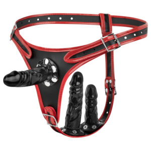 Easytoys - připínací spodní prádlo s trojitým dildem (černá)