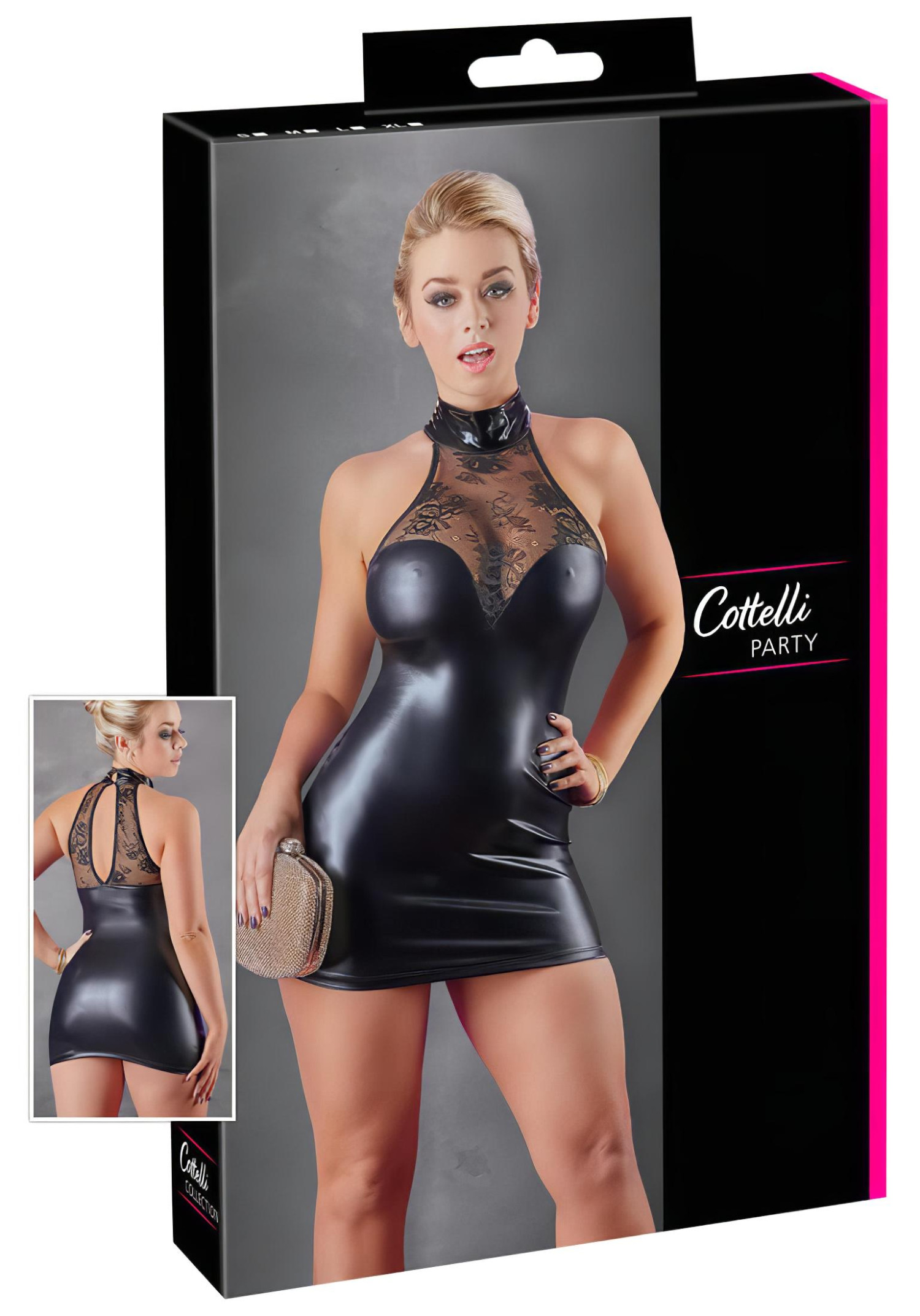 Cottelli - mini šaty s krajkou a lesklým límcem - černé