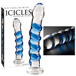 Icicles No. 5 - spirálové skleněné dildo (průhledná-modrá)