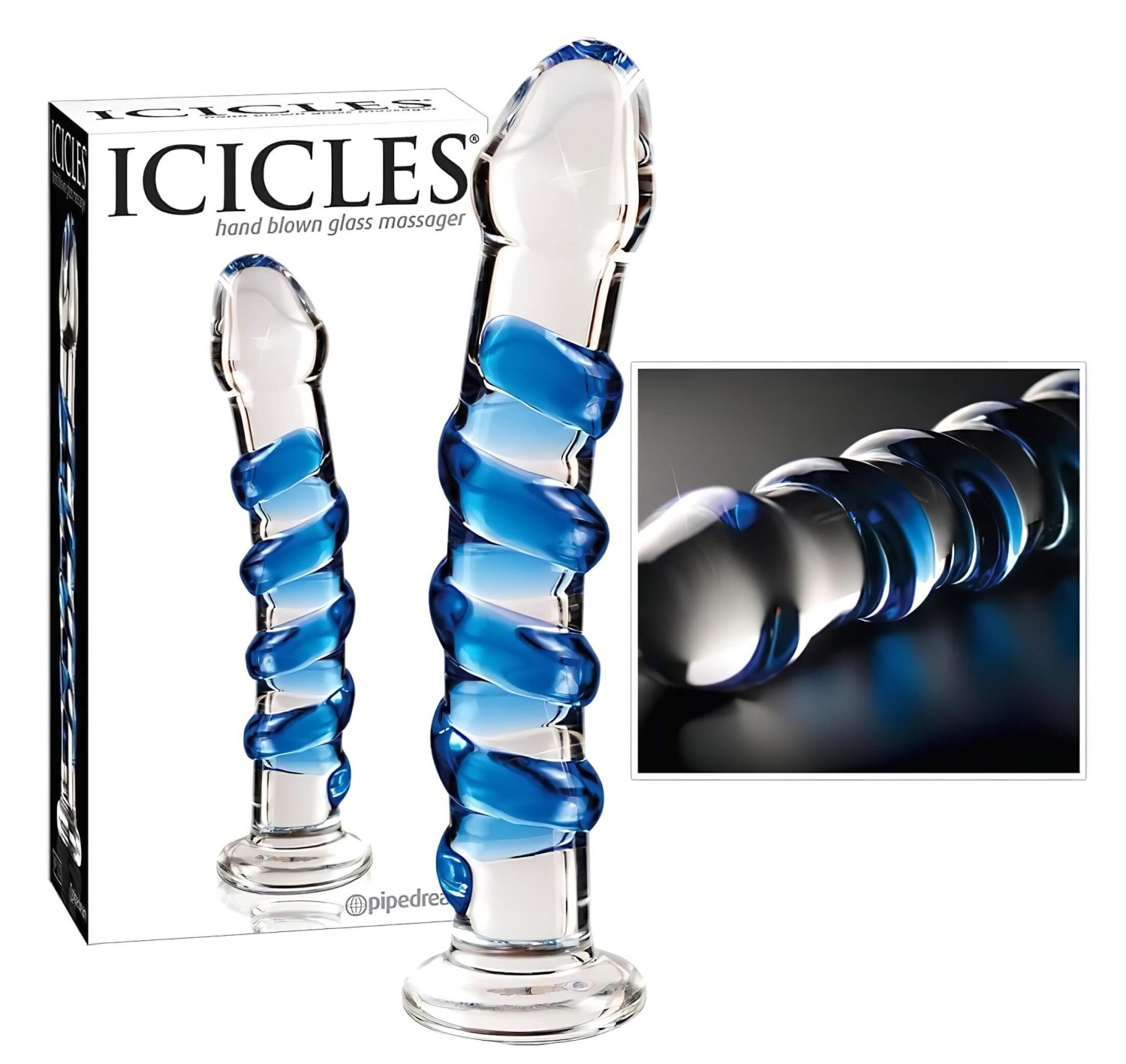 Icicles No. 5 - spirálové skleněné dildo (průhledná-modrá)