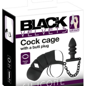Black Velvets - silikonový penisový kroužek s análním plugem - černý