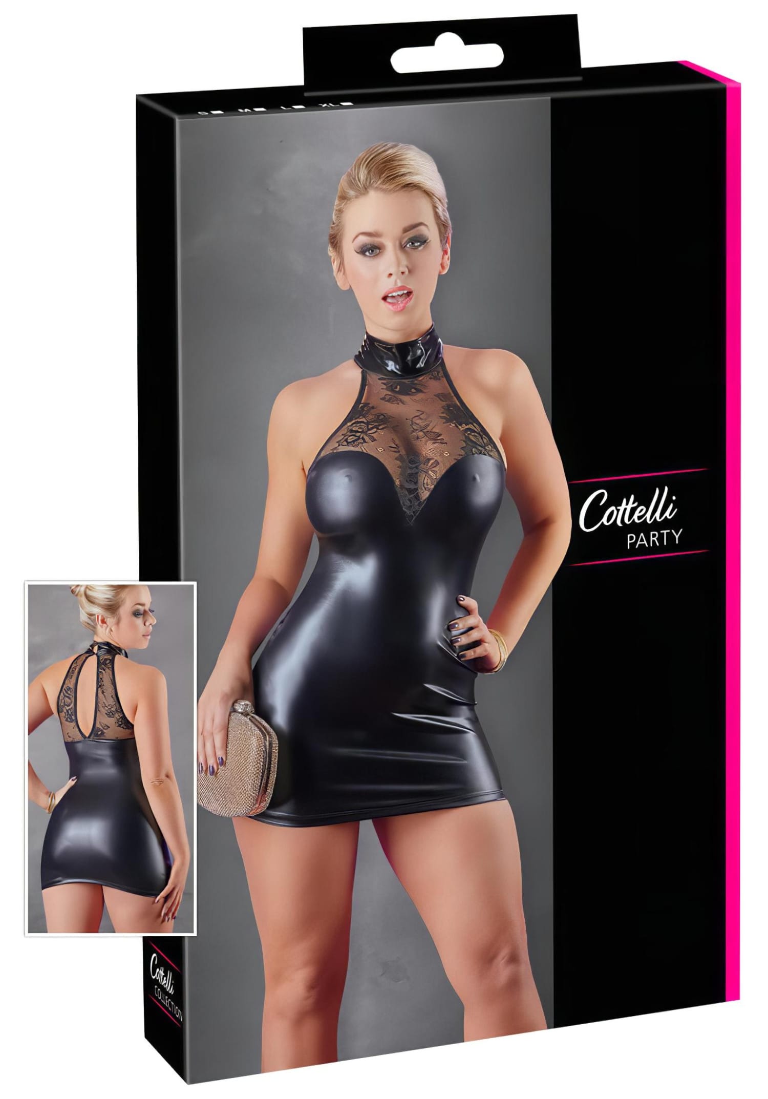 Cottelli - mini šaty s krajkou a lesklým límcem - černé - XL