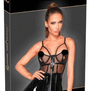 Noir - lakované šaty s síťovanými vsadkami - černé - M