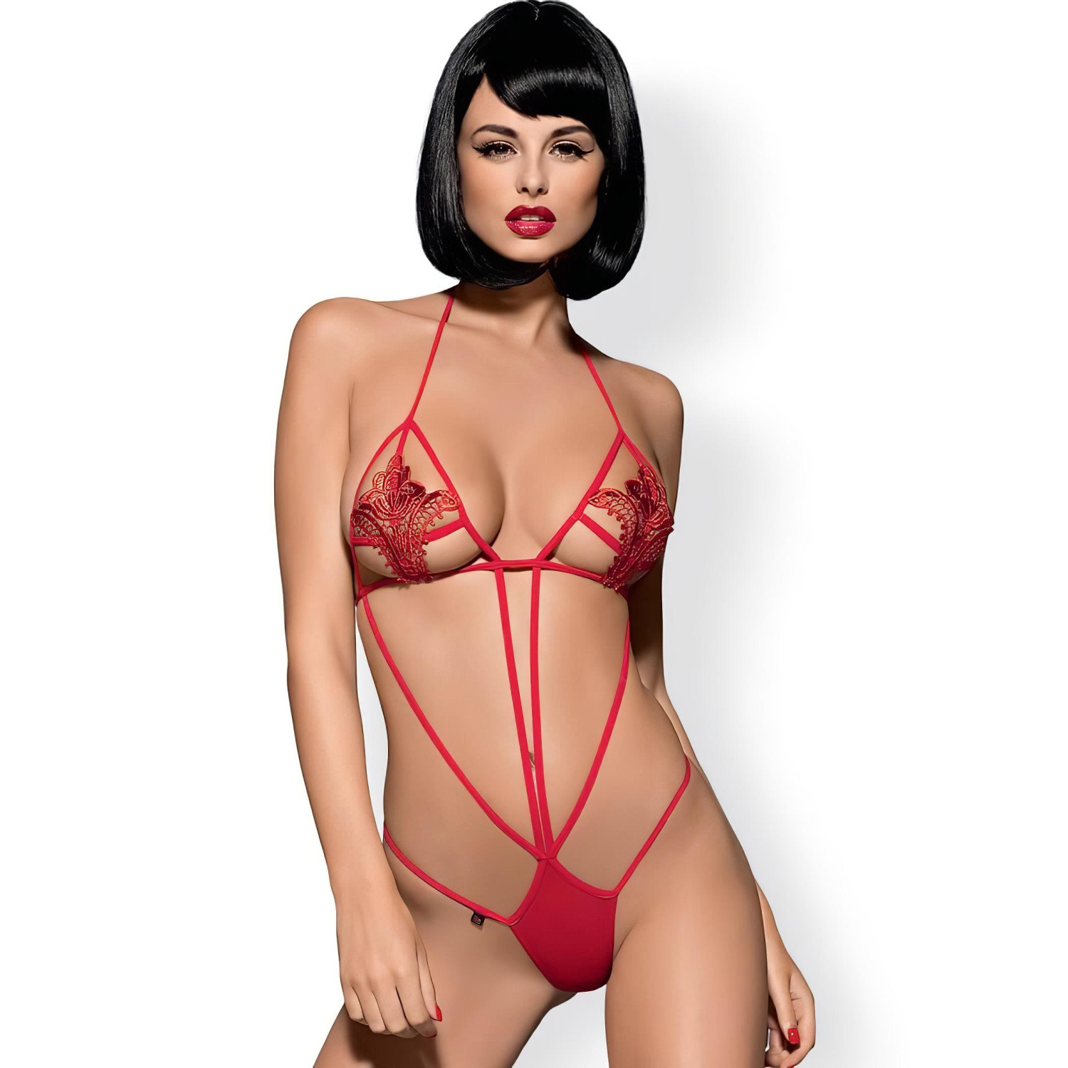 Obsessive - sexy body s pásky a tulipánovým vzorem - červené S/M