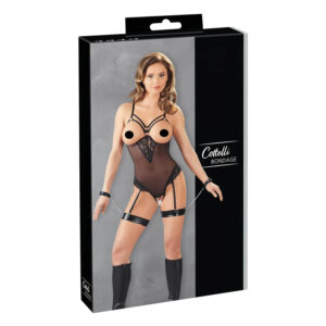 Cottelli Bondage - body s kovovými kroužky a pouty na ruce - černé - XL