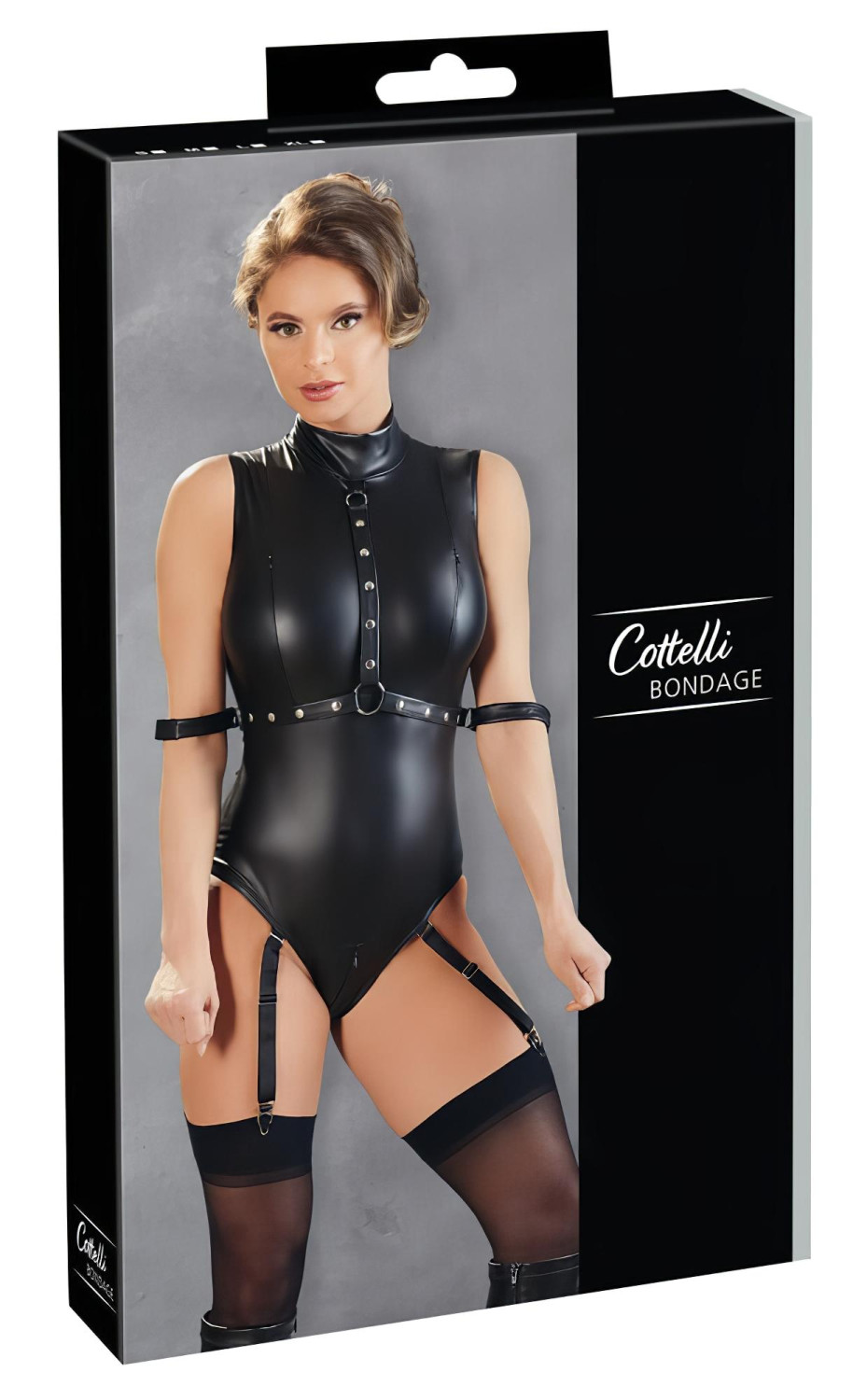 Cottelli Bondage - lesklé body bez rukávů a pouta na ruce - černá - L