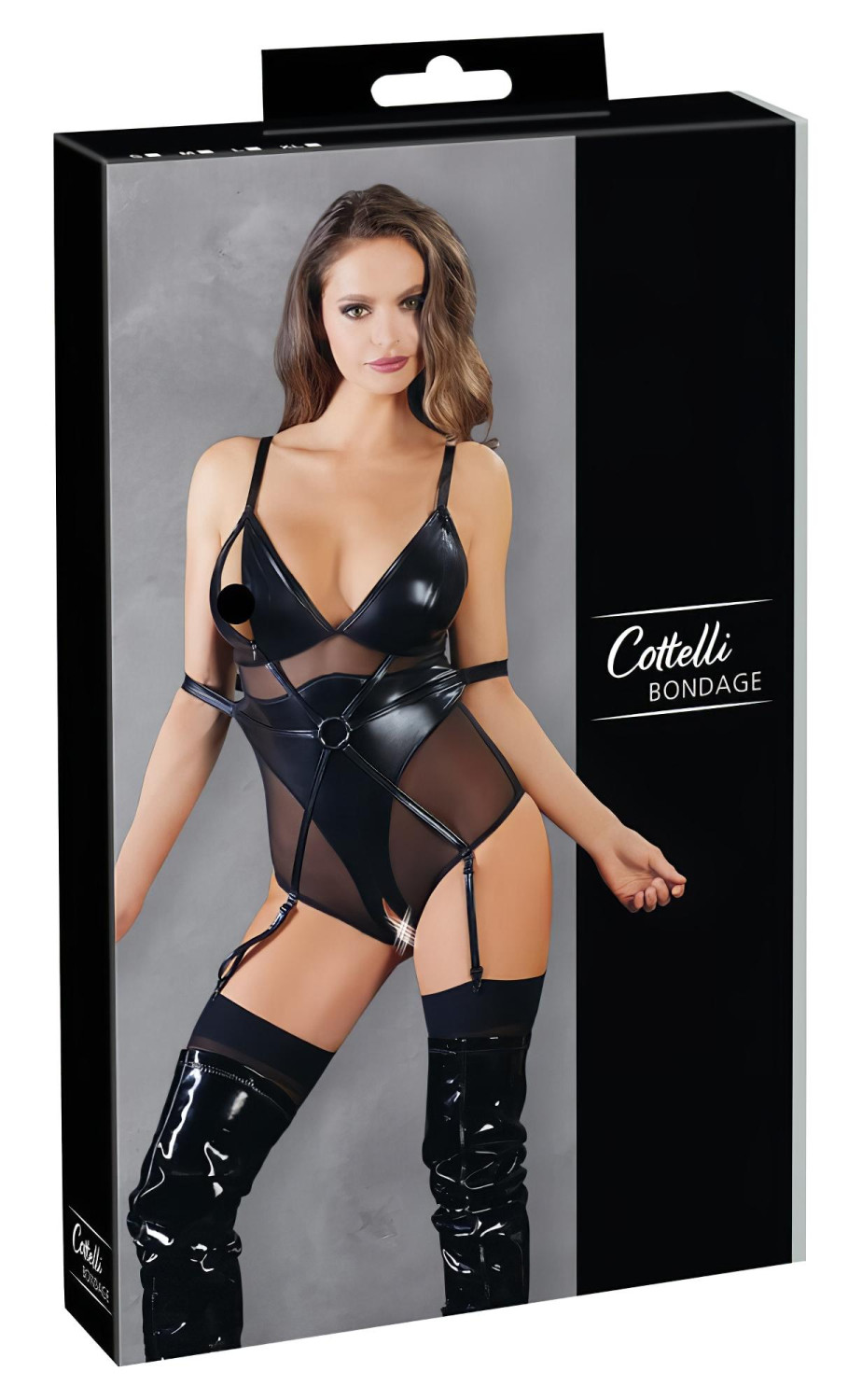 Cottelli Bondage - lesklé body s pouty - černé - L