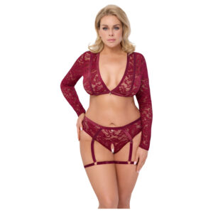 Cottelli Curves - dámská souprava s dlouhým rukávem - krajka - červená - 2XL