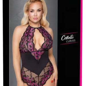 Cottelli Plus Size - krajkové body s květinovým vzorem - černá/fialová - 3XL