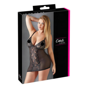 Cottelli Plus Size - průsvitná krajková noční košilka - černá - 3XL