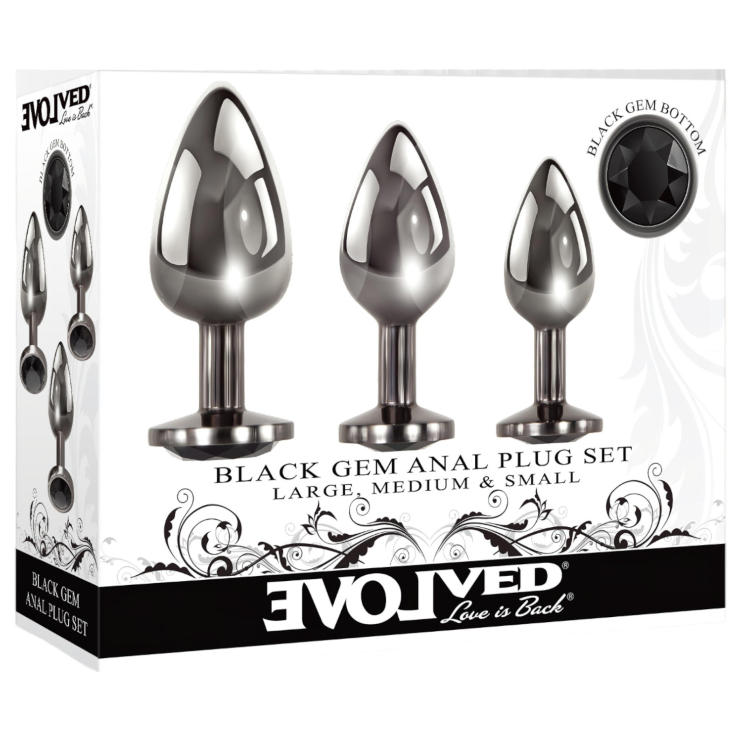 Evolved Black Gem - kovový anální kolík set - černý kámen - stříbrná