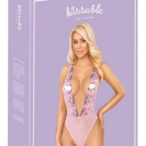 Kissable - erotické body s růžovou výšivkou - růžová - L/XL