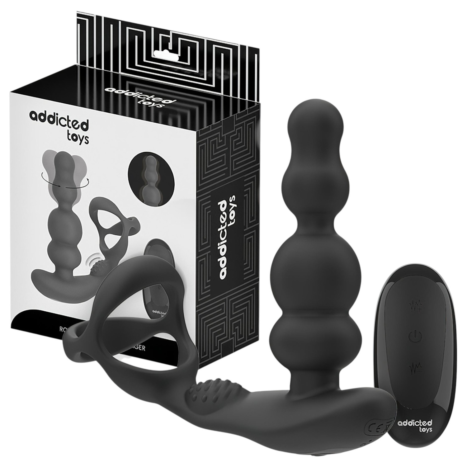 Addicted Toys - anální vibrátor s rotační hlavou a erekčním kroužkem - černý