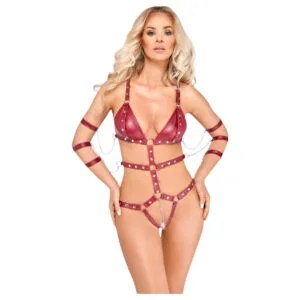Bad Kitty - cvočkované bondage body (červené) - M