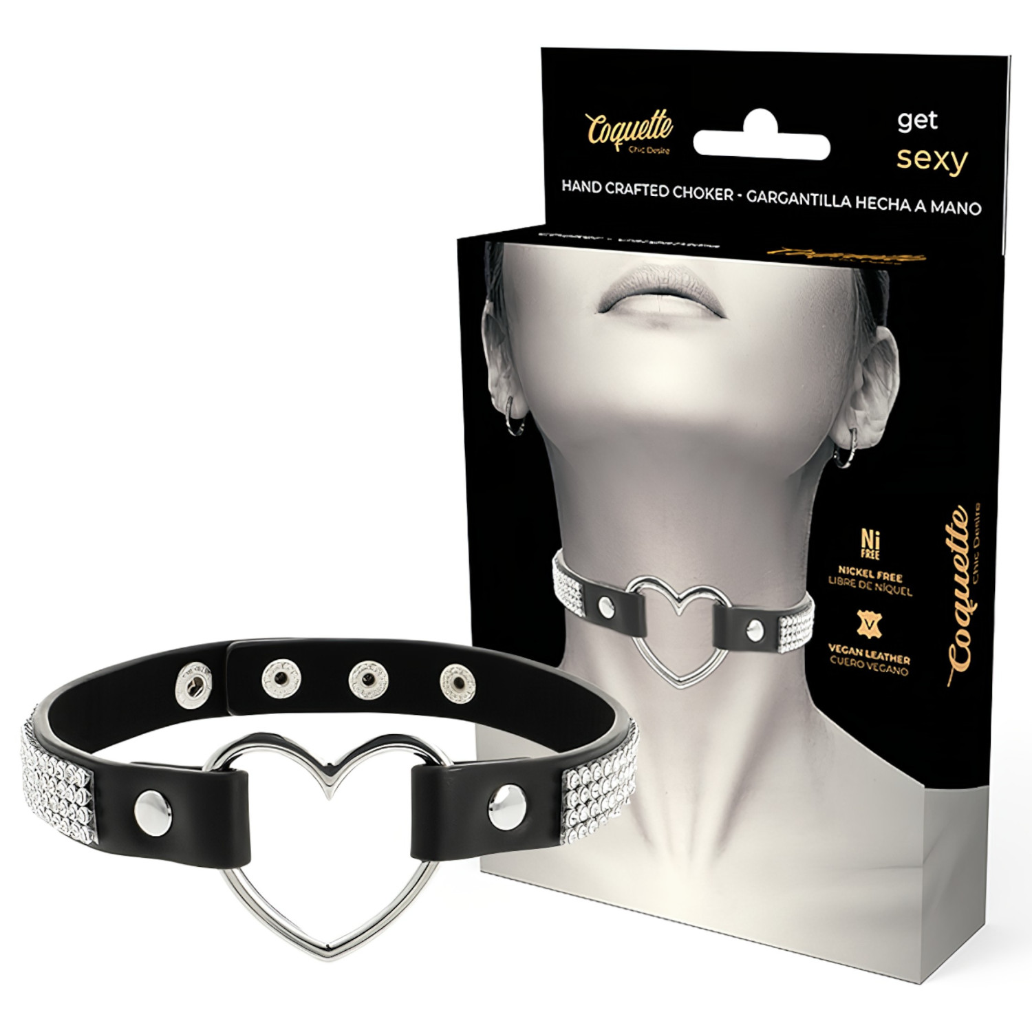 Coquette - choker srdce s kamínky - černý