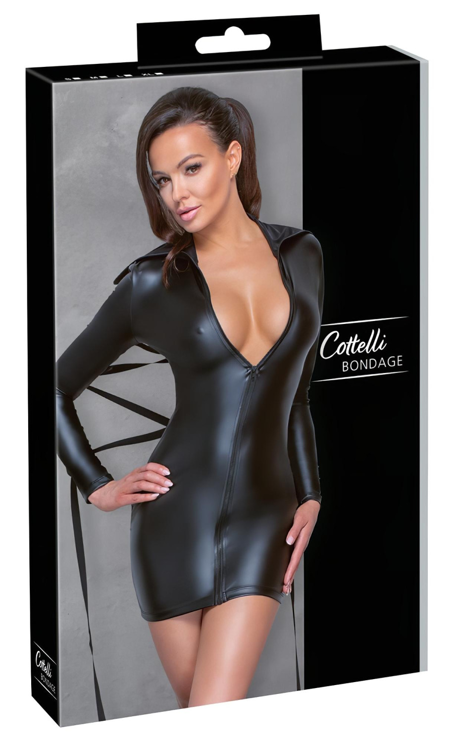 Cottelli Bondage - Lesklé šaty s pouty - černé - L