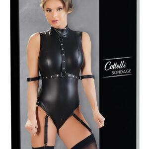 Cottelli Bondage - lesklé body bez rukávů a pouta na ruce - černá - M