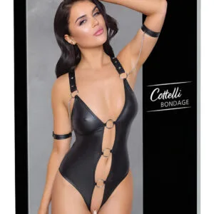 Cottelli Bondage - lesklé otevřené body s kroužky - černé - M