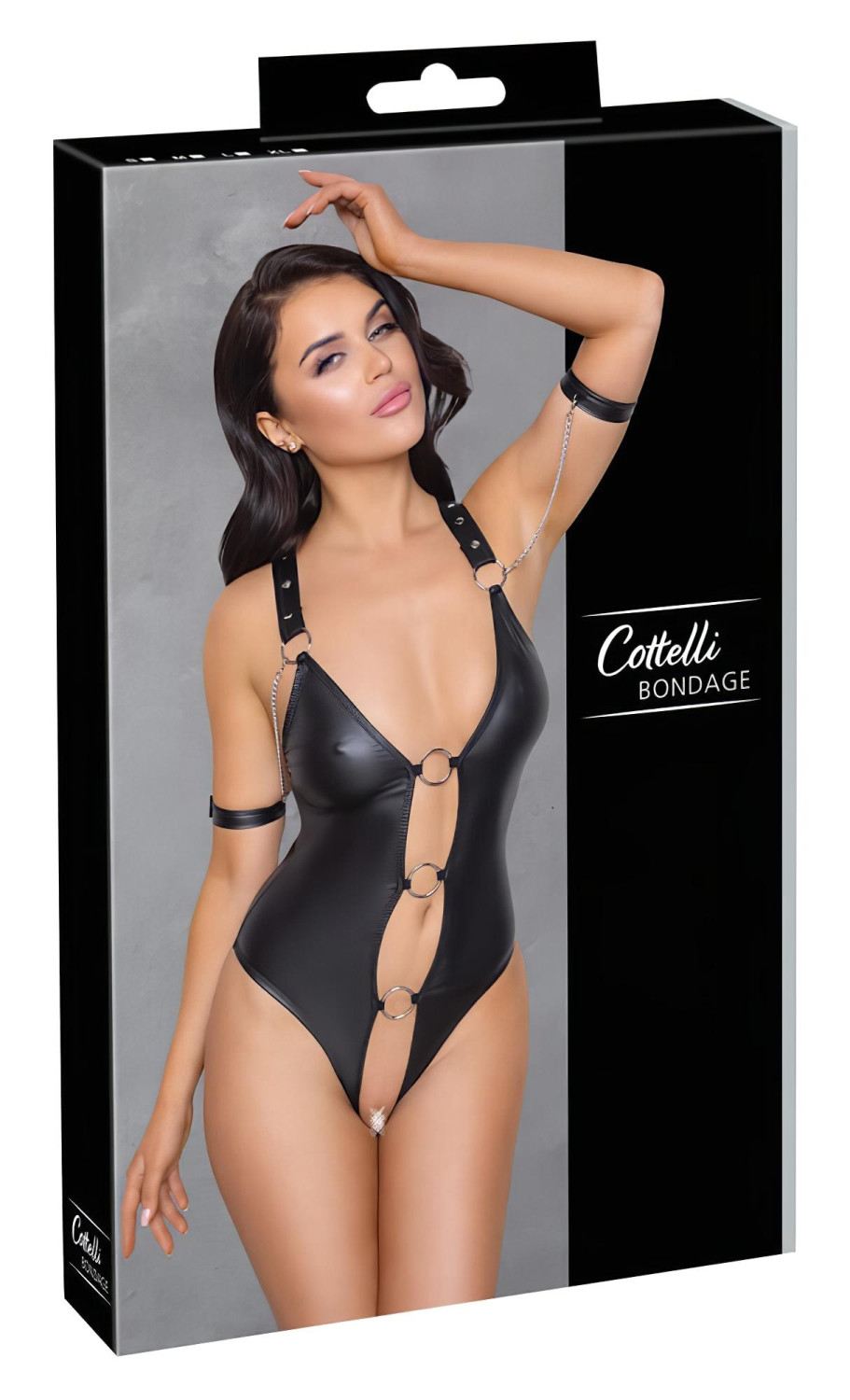 Cottelli Bondage - lesklé otevřené body s kroužky - černé - M