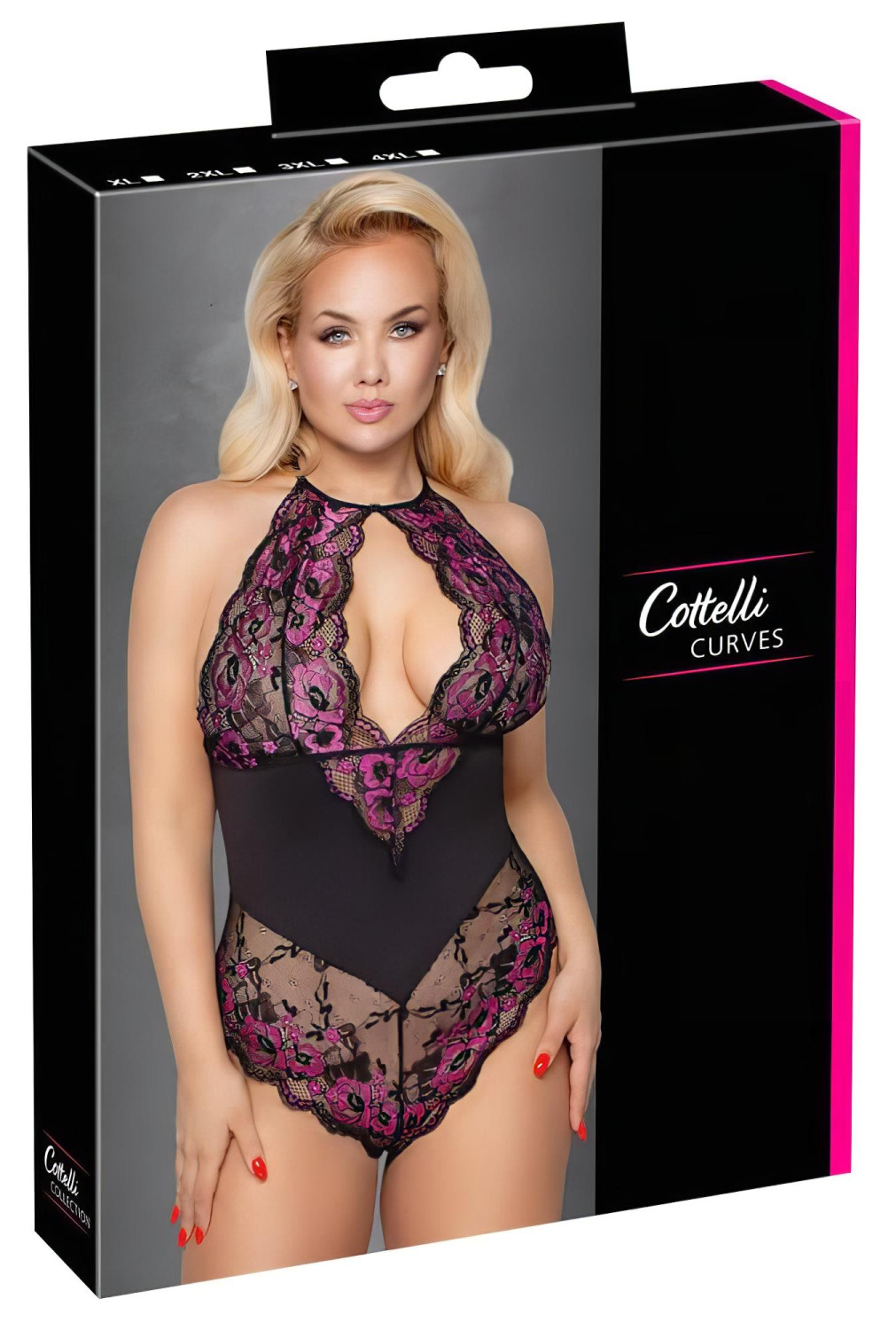 Cottelli Plus Size - krajkové body s květinovým vzorem - černá/fialová - 2XL