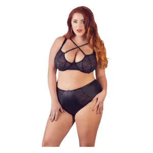Cottelli Plus Size - křížově páskovaná podprsenka a kalhotky (černé) - 85E/L