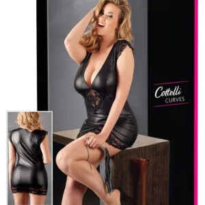 Cottelli Plus Size - lesklé šaty s krajkou - černé - XXXL